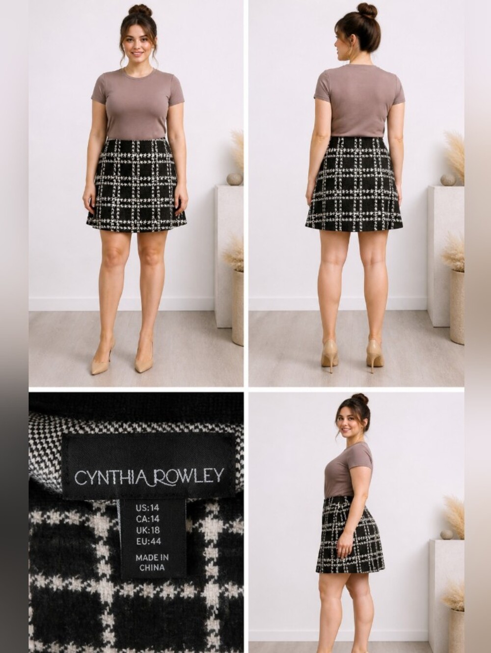 Cynthia Rowley Black & White Checked A-Line Skirt